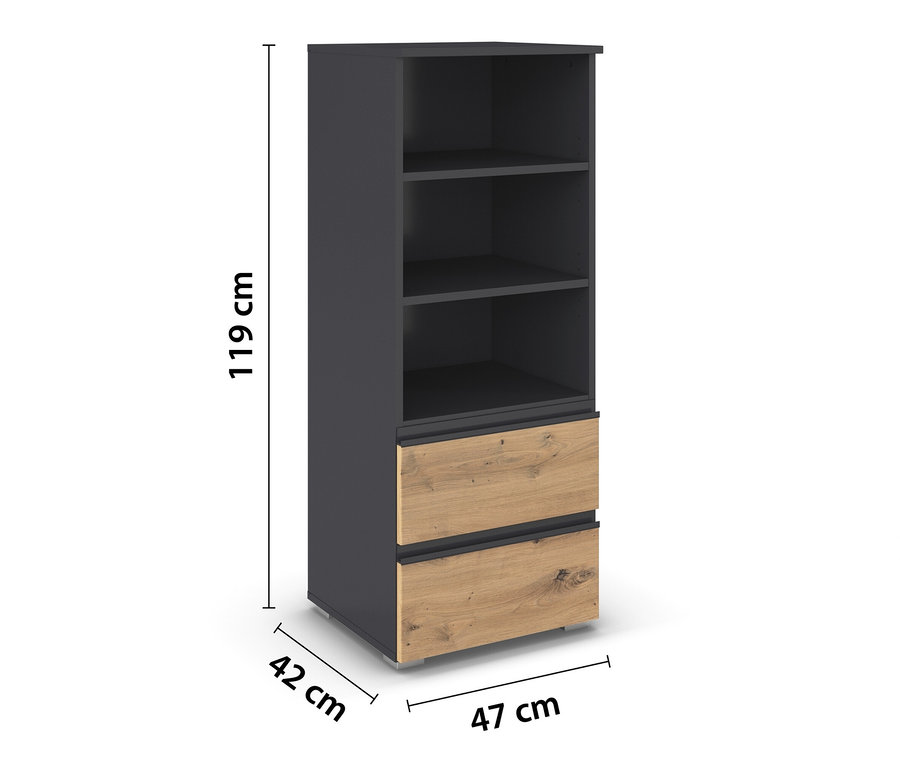 Detailaufnahme der Rauch Kommode Joel mit zwei Schubladen und drei Nischen in Grau Metallic/Eiche Artisan.