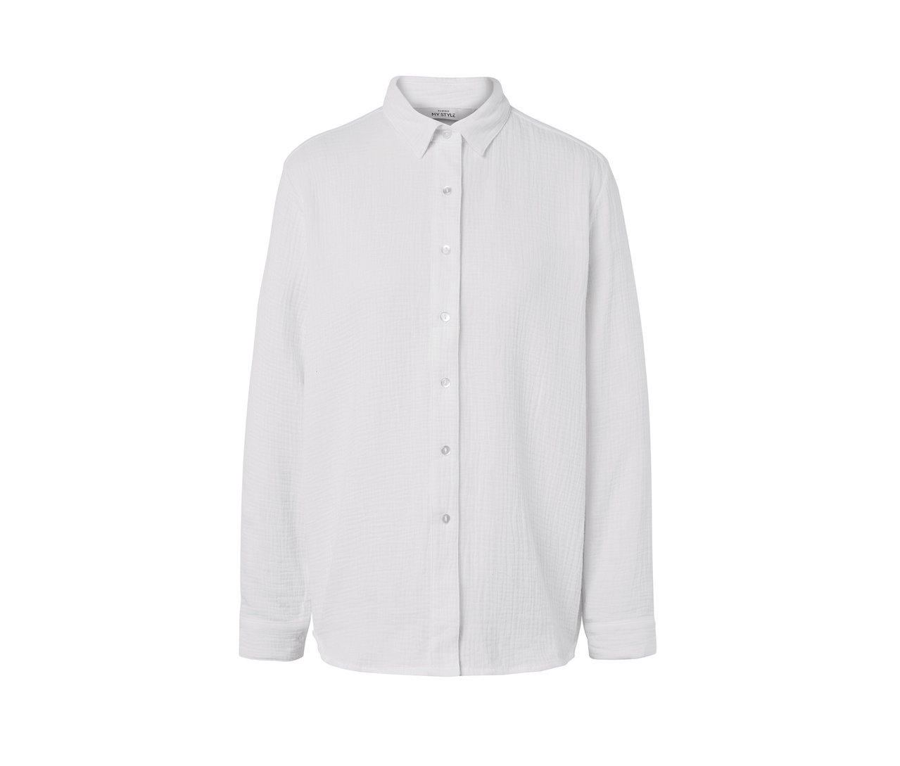 Weiße Musselin-Bluse mit langen Ärmeln und Knöpfen.