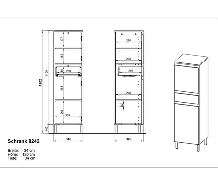 Diagramme des Hochschranks »Salinas«, klein, kaschmir, mit Abmessungen.