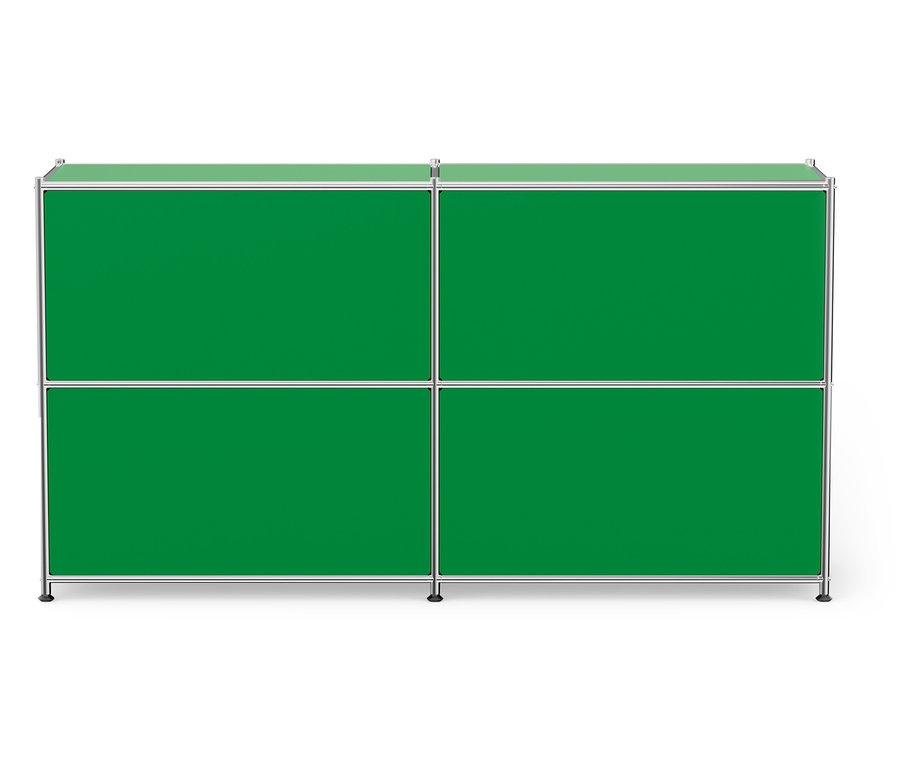 Grüner modularer Schrank mit vier Fächern und silbernem Rahmen.