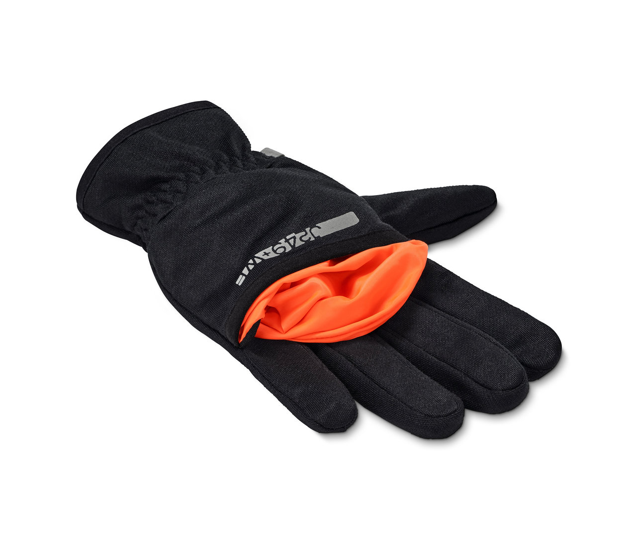 Schwarzer 2-in-1-Laufhandschuh mit orangefarbener Innenschicht.