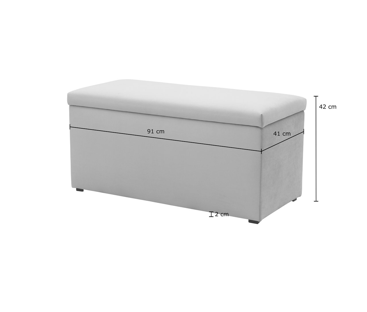 Abmessungen des grauen DOMO Hockers mit Staufach: 91 cm x 41 cm x 42 cm.