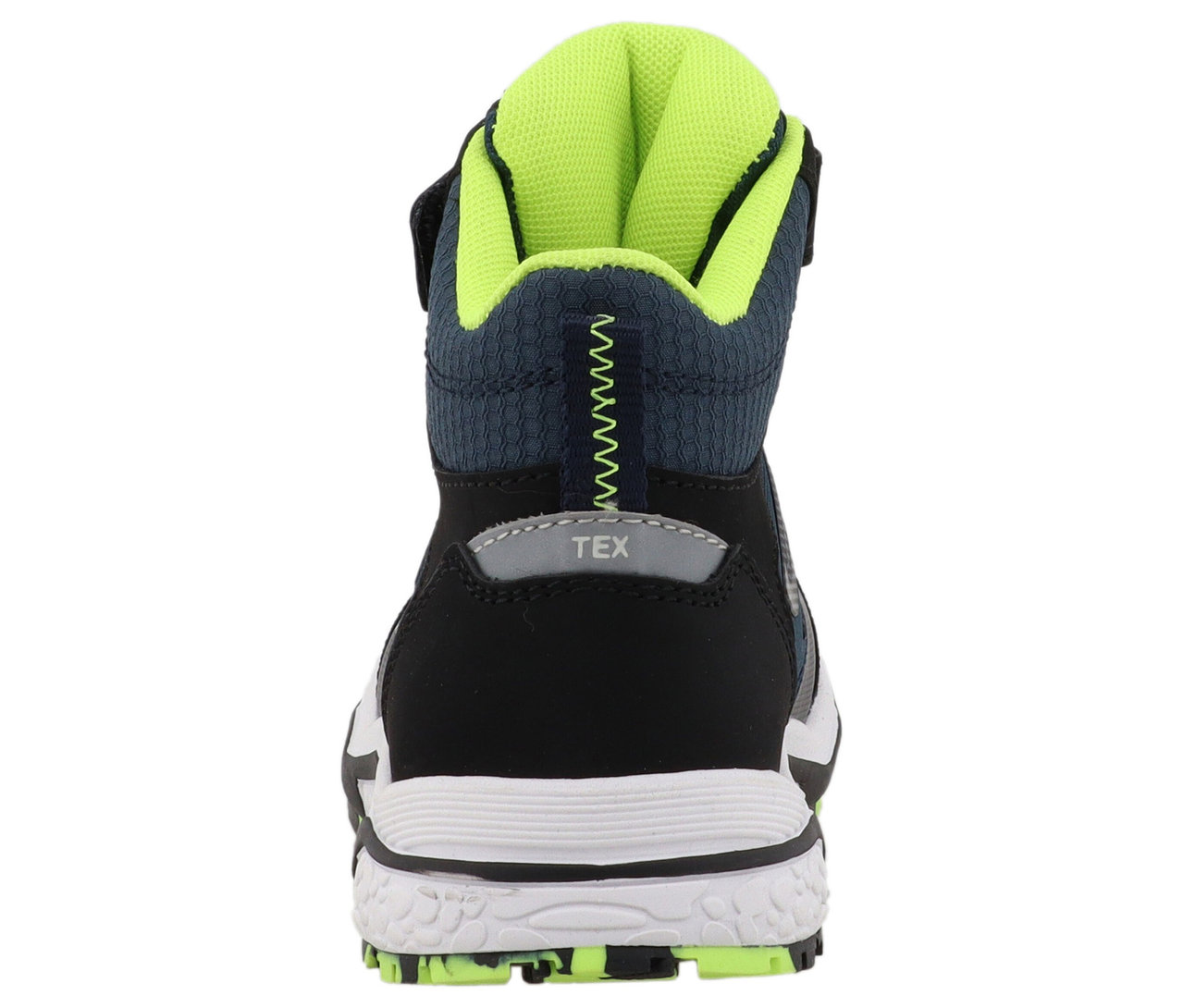 Rückansicht des LURCHI »Leonard-TEX« Stiefels mit schwarzer Ferse, weißer Sohle und neon-grünem Interieur.