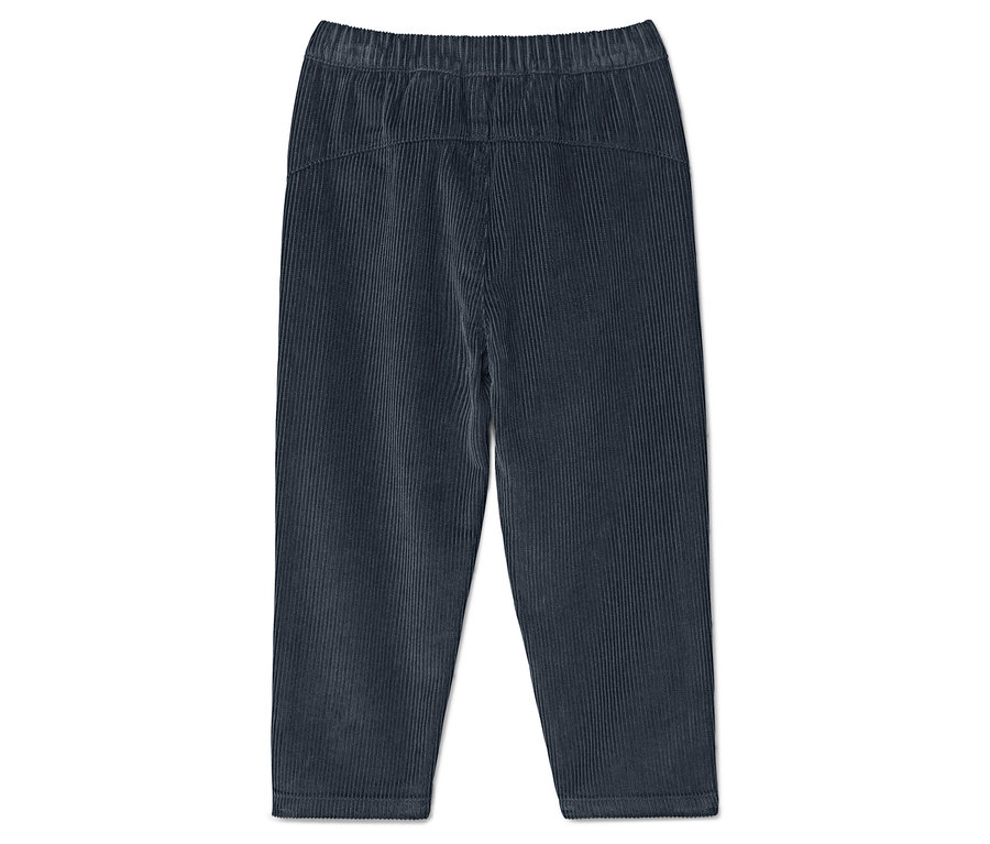 Blaue Cordhose mit elastischem Bund.
