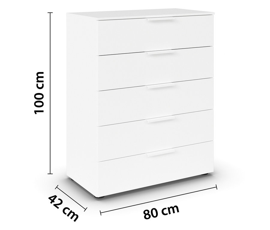 Weiße Kommode mit fünf Schubladen und den Maßen 100 cm x 42 cm x 80 cm.