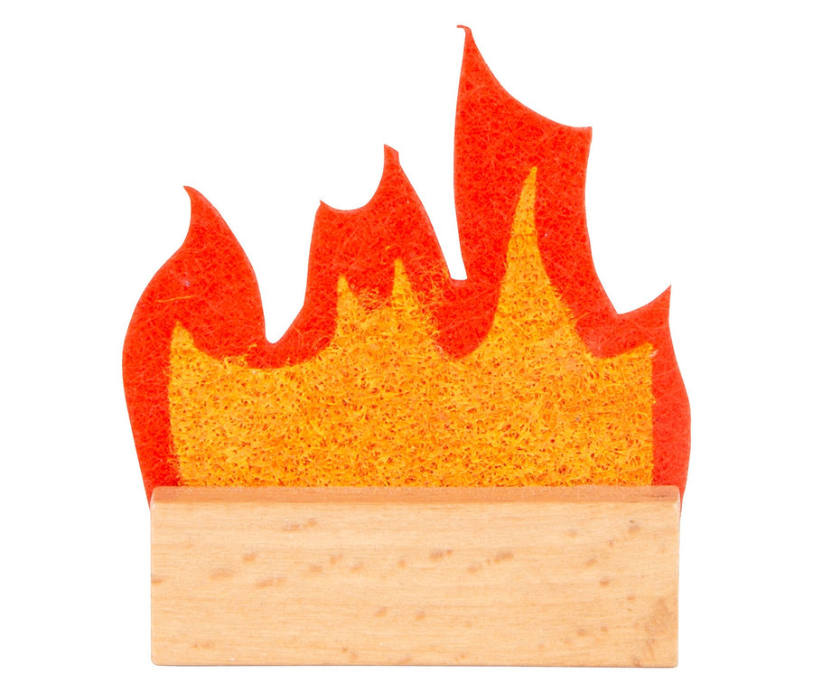 Dekorative Flamme mit rot-orangen Flammen auf einem Holzsockel.