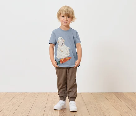 Junge trägt ein blaues T-Shirt mit einem Schaf auf einem Karotten-Skateboard.