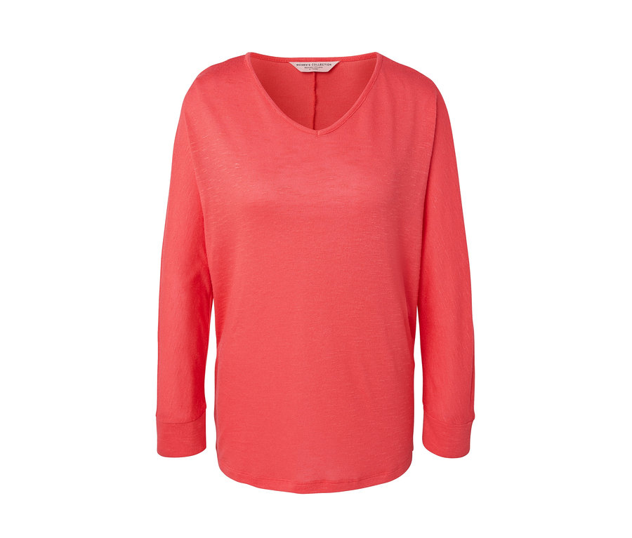 Korallefarbenes Fledermausshirt mit V-Ausschnitt.