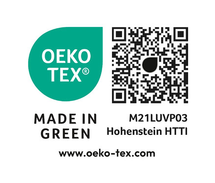 Ein grünes OEKO-TEX®-Logo neben einem QR-Code und dem Text "MADE IN GREEN".