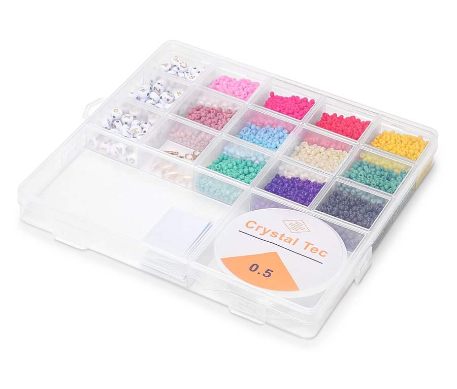 DIY-Perlen-Set in einem transparenten Kunststoff-Organizer.