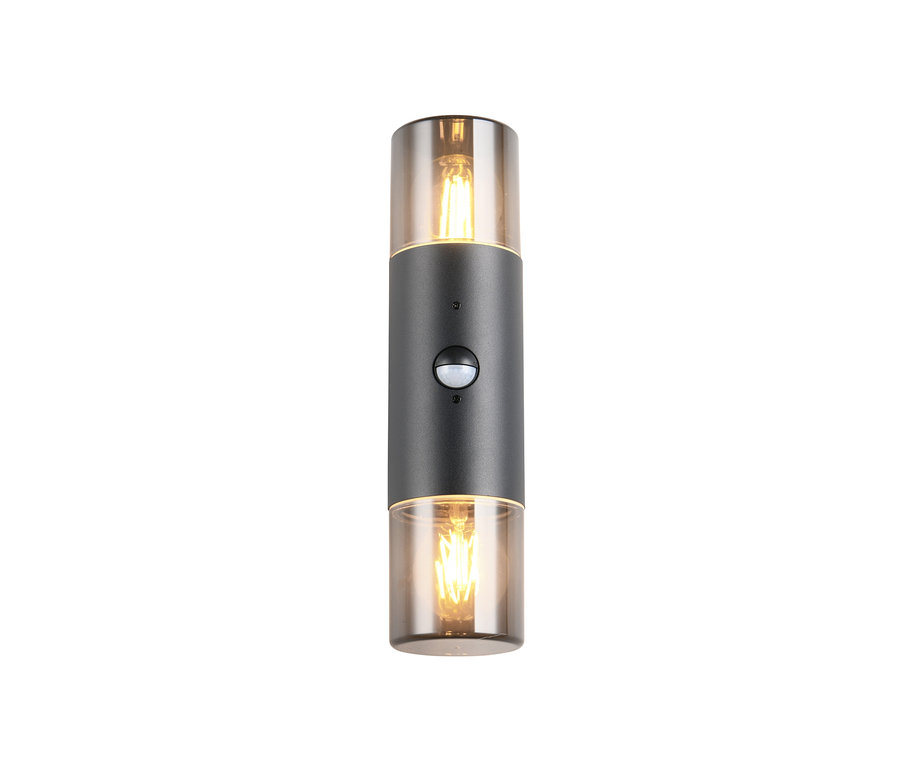 Schwarze Trio Outdoor-Wandleuchte »Hoosic« mit Glaszylindern oben und unten.