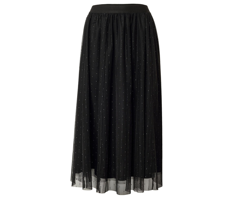 Ein langer, schwarzer Tüllrock mit elastischem Bund und feinen silbernen Details.