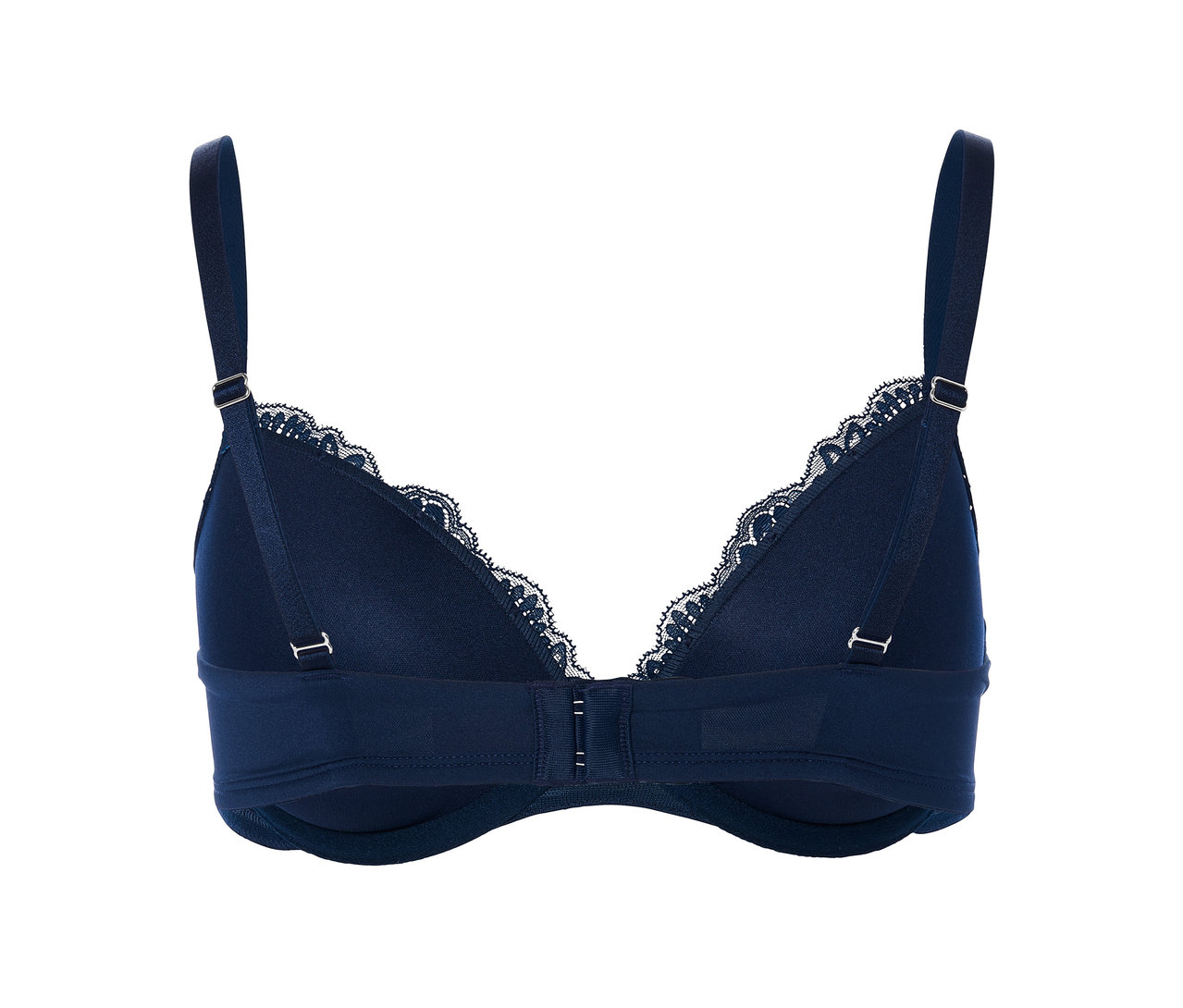 Detailansicht von Rückseite eines blauen Push-up-BHs mit Spitze.