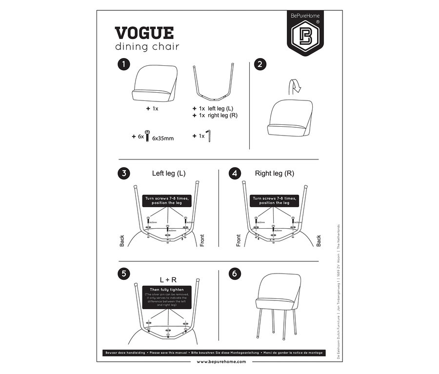 Eine Anleitung zum Zusammenbauen des BePureHome Esszimmerstuhls »Vogue«, 2er-Set, khaki.