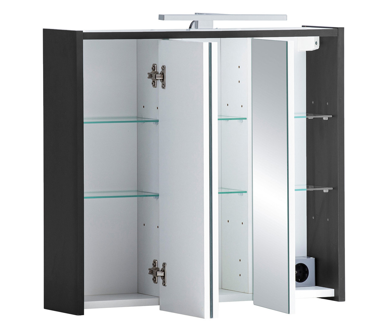 Anthrazitfarbener Spiegelschrank »Sander« mit offenen Türen und Glasablagen.