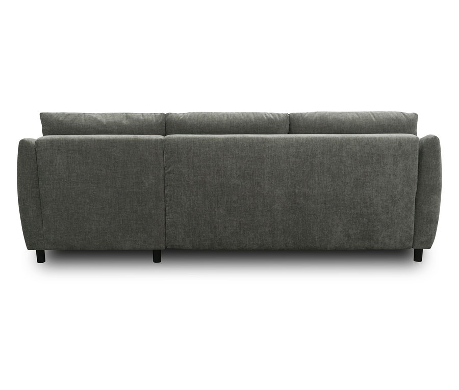 Rückansicht des grauen DOMO Ecksofas mit Longchair, rechtsbündig.