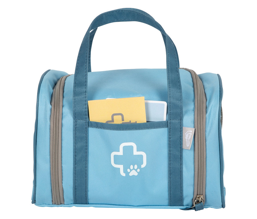 Hellblaue small foot Tierarzt-Tasche mit Hase, mit Tragegriffen, Reissverschlüssen, Aussentasche mit gelbem Kärtchen.
