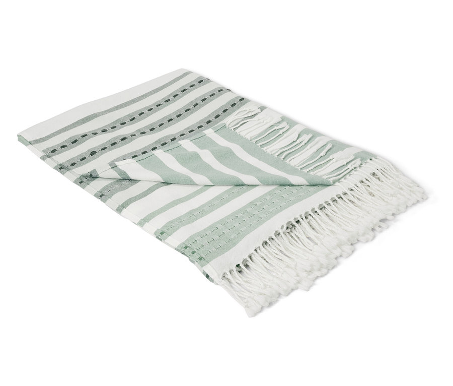 Gefaltetes Plaid mit weißen und grünen Streifen.