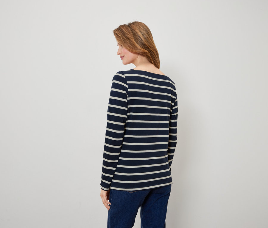 Frau von hinten trägt ein blau-weiß gestreiftes Langarmshirt und Jeans.