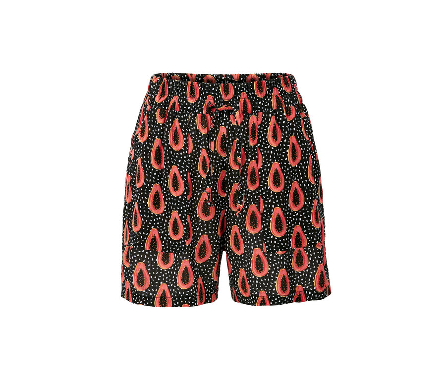 Schwarze Shorts mit Papaya-Muster.
