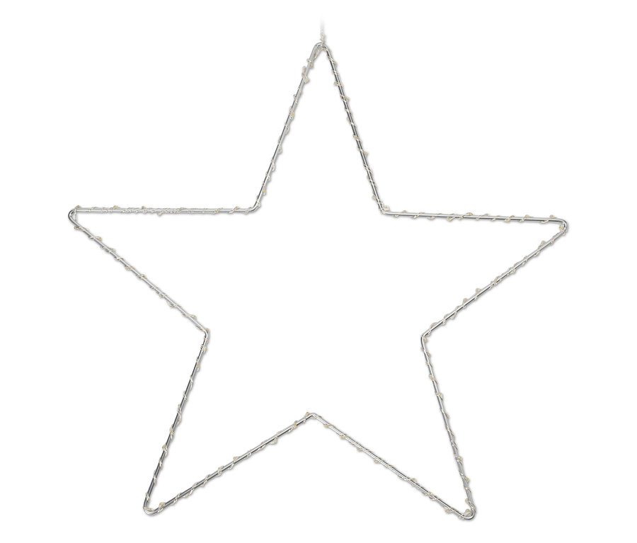 Beleuchteter Metallstern mit weißen Lichtern auf weißem Hintergrund.