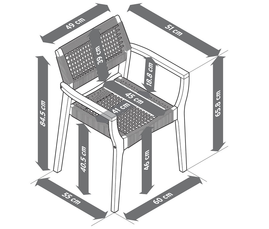 Illustration eines stapelbaren Esszimmerstuhls mit Textilgeflecht und Abmessungen.