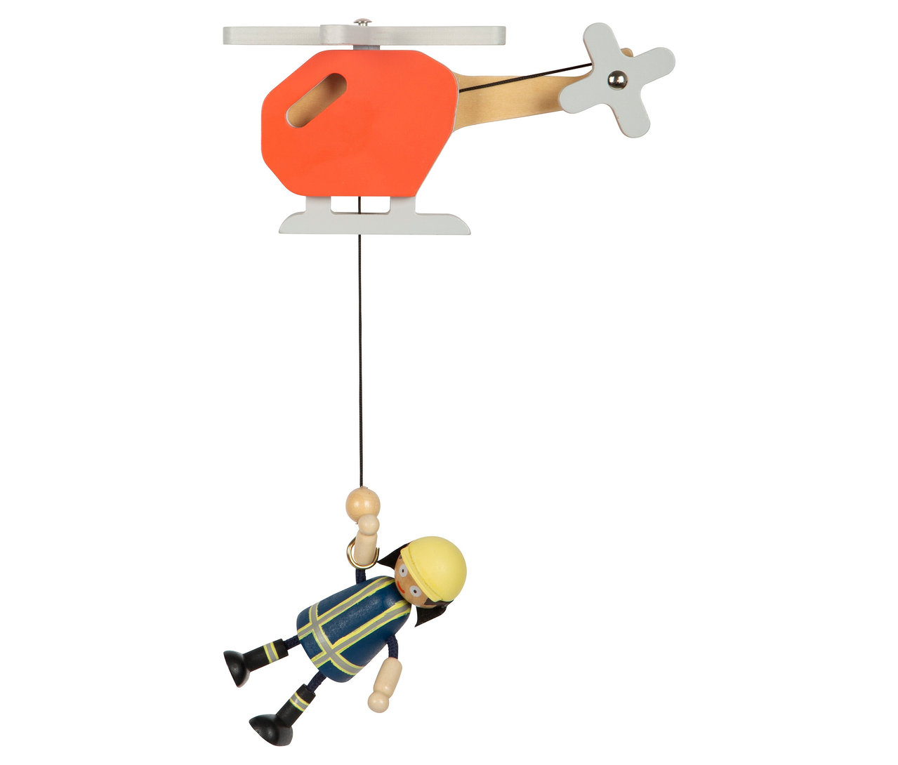 Ein roter Spielzeug-Hubschrauber mit einer kleinen Figur, die an einem Seil hängt. Die Figur trägt einen gelben Helm.