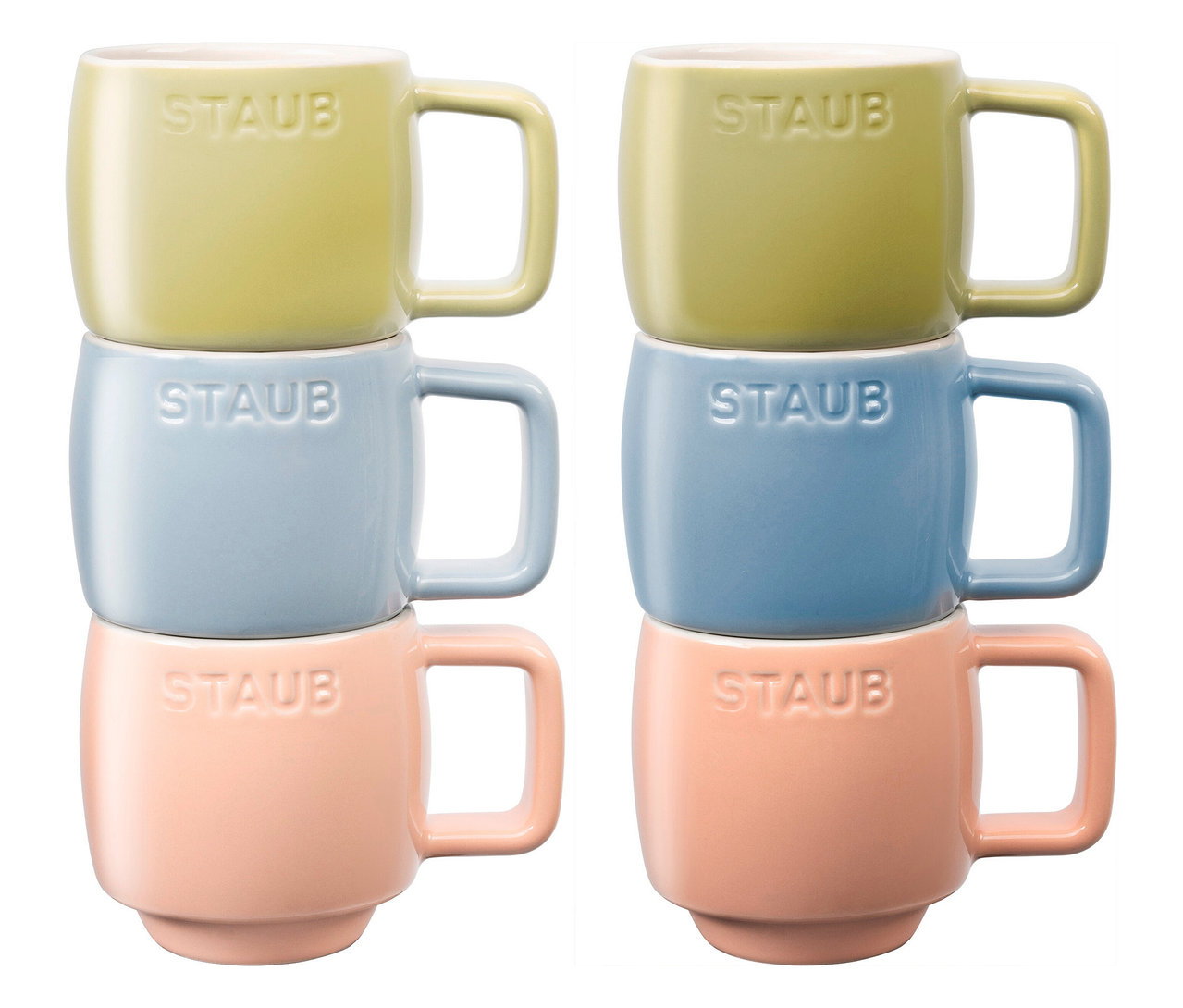 Zwei Stapel von STAUB Espressotassen »Macaron« in Grün, Blau und Rosa.