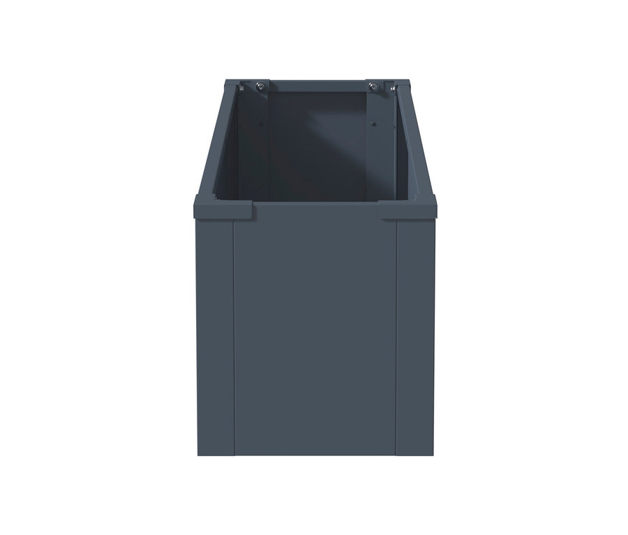 Ein leerer, grauer Pflanzkasten mit Einlegeboden, ca. 27 cm.