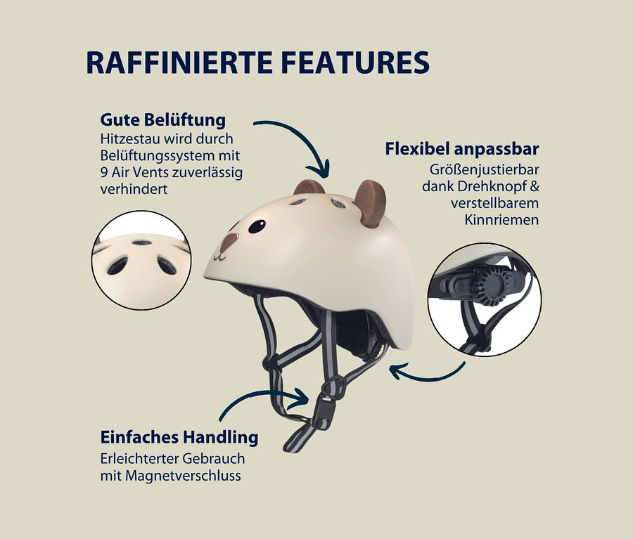 HUDORA Kinderhelm, Beary, 44–47 cm: Beiger Kinderhelm mit Bärenohren und verstellbarem Kinnriemen.