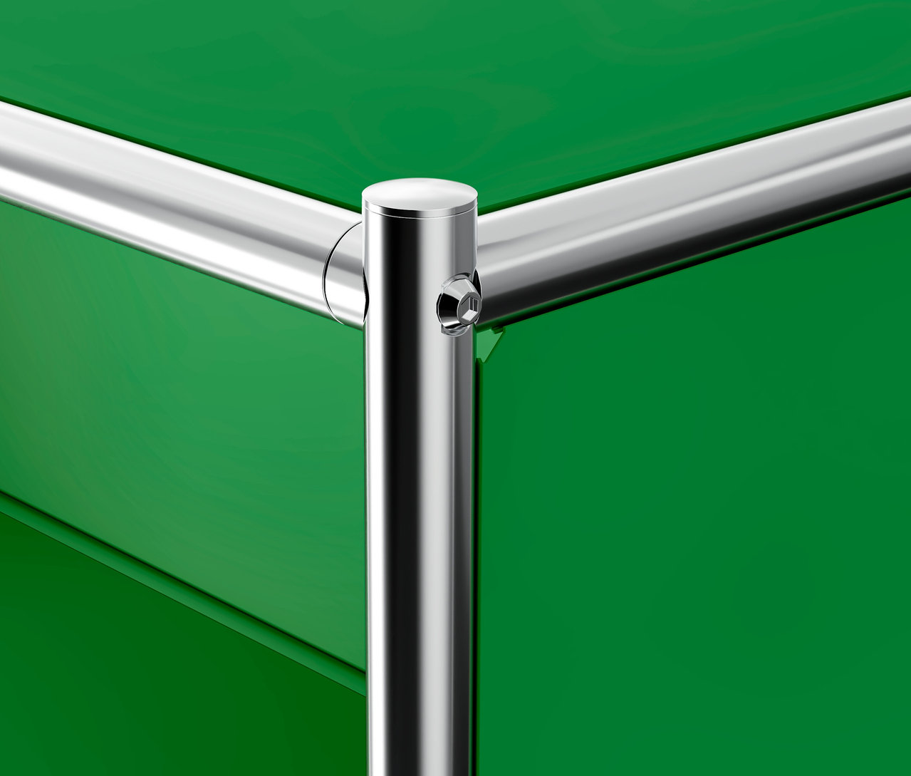 Detailansicht Rollcontainer Metall »CN3« mit 3 Schubladen, grün, mit Chromkonstruktion.