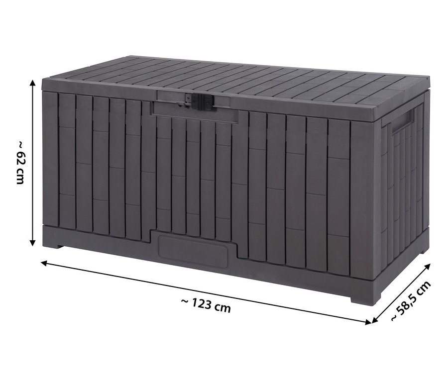Graue Kunststoff-Kissenbox, 375 l, mit den Maßen 62 x 123 x 58,5 cm.