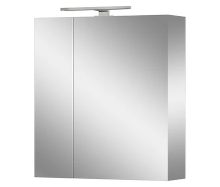 Ein kleiner Spiegelschrank »Tavira« mit zwei Türen und einer Lampe oben ist vor einem weißen Hintergrund zu sehen.