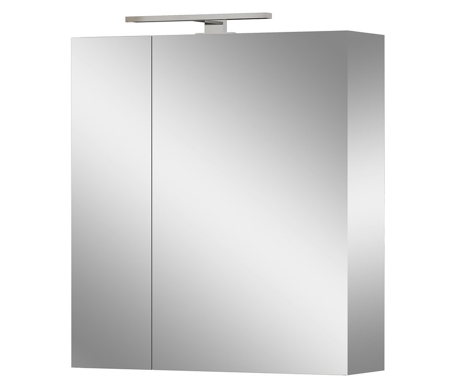 Ein kleiner Spiegelschrank »Tavira« mit zwei Türen und einer Lampe oben ist vor einem weißen Hintergrund zu sehen.