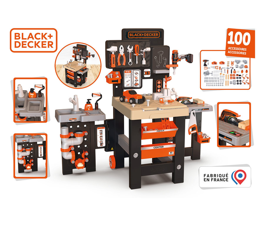 Abbildung der Smoby "Black+Decker" Werkbank Mega Center, einem Spielzeugwerkbank-Set.