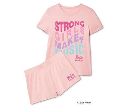 Rosa Shorty-Pyjama-Set mit Aufschrift "Strong Girls Make Music" und Barbie-Logo.