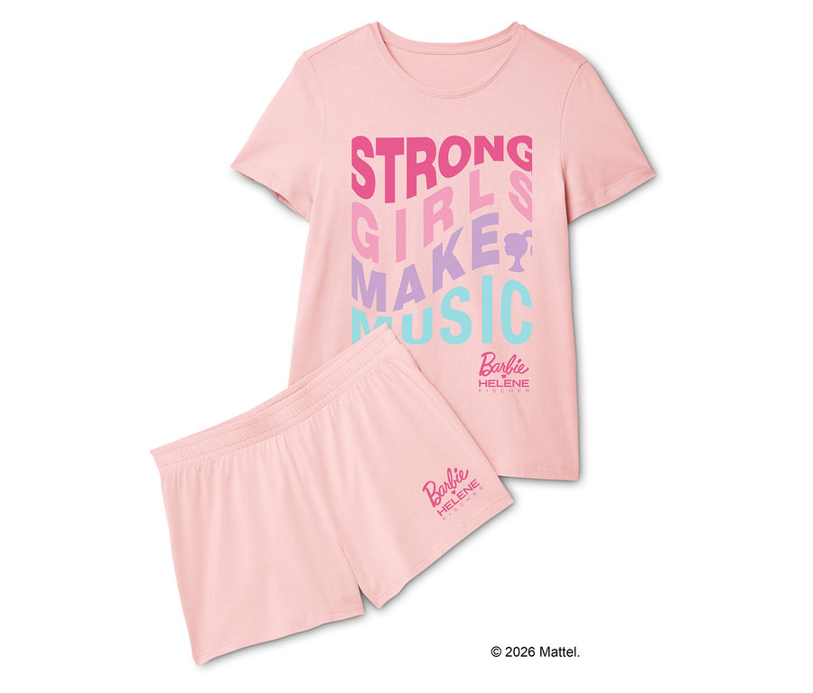 Rosa Shorty-Pyjama-Set mit Aufschrift "Strong Girls Make Music" und Barbie-Logo.