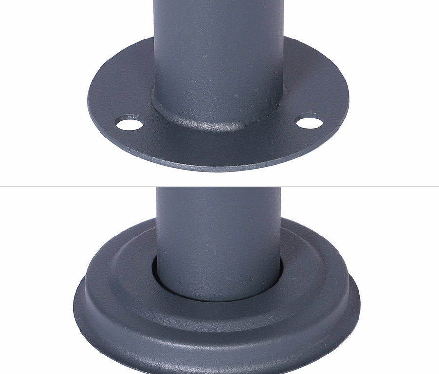 Nahaufnahme einer grauen Stange mit zwei verschiedenen Montagebasen.