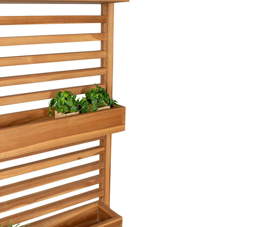 Nahaufnahme eines hölzernen Spaliergestells mit horizontalen Lamellen und zwei eingebauten Pflanzgefäßen mit grünen Pflanzen.