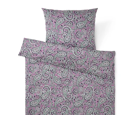 Bettwäschegarnitur mit Paisley-Muster in Rosa, Lila und Grau.