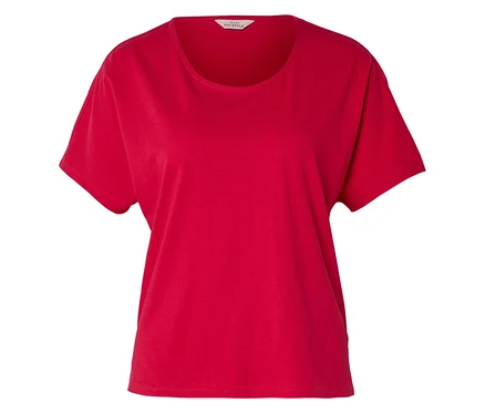 Rotes T-Shirt mit kurzen Ärmeln und weitem Rundhalsausschnitt.