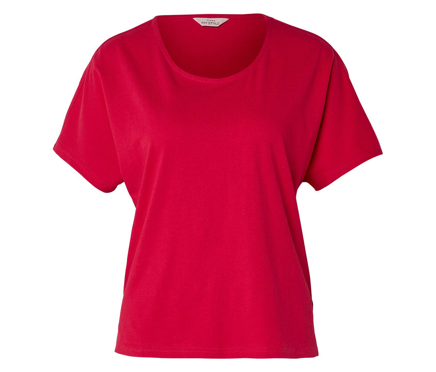 Rotes T-Shirt mit kurzen Ärmeln und weitem Rundhalsausschnitt.