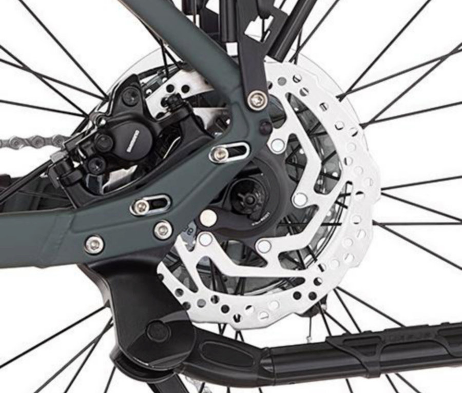 Detailansicht des Hinterrads eines FISCHER ATB E-Bike TERRA 6.8i ULTIMATE, mit Fokus auf die Scheibenbremse und Speichen.