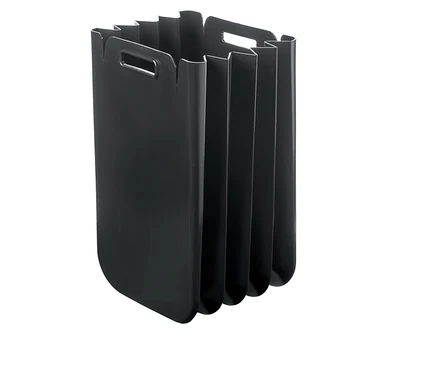 Schwarzer Guzzini Abfalleimer-und-Flaschensammler mit Akkordeon-Design, mehreren Fächern und Griffen oben.