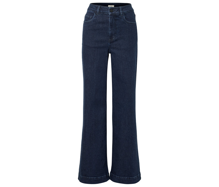 Dunkelblaue, ausgestellte Jeanshose mit Taschen und Knopfverschluss.