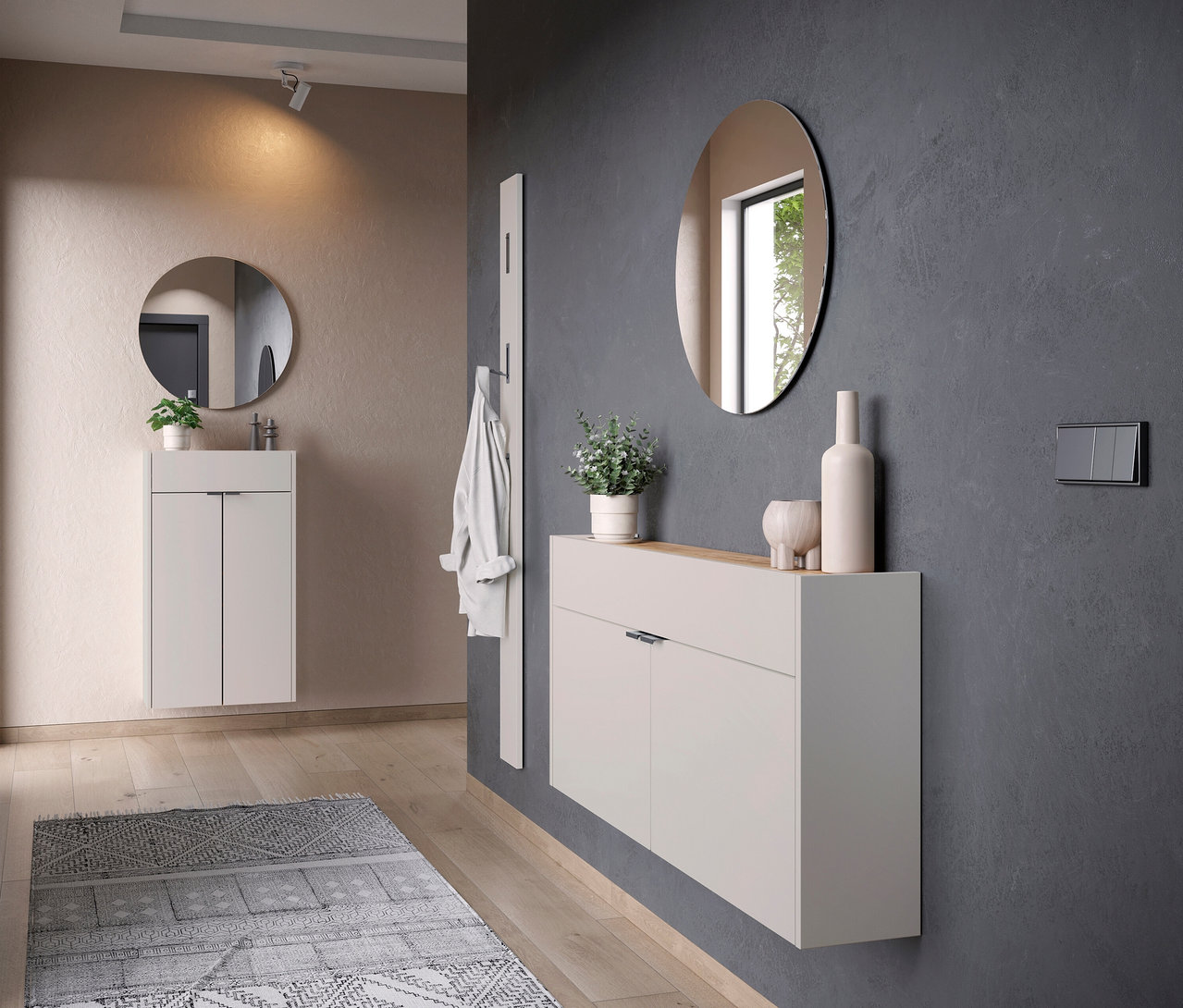 Flur mit Spiegeln über weißen Schränken, einer Garderobe und einem gemusterten Teppich auf Holzboden.