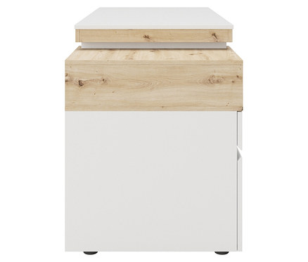 Weißer Nachttisch mit Schubladen und Holzdetails.