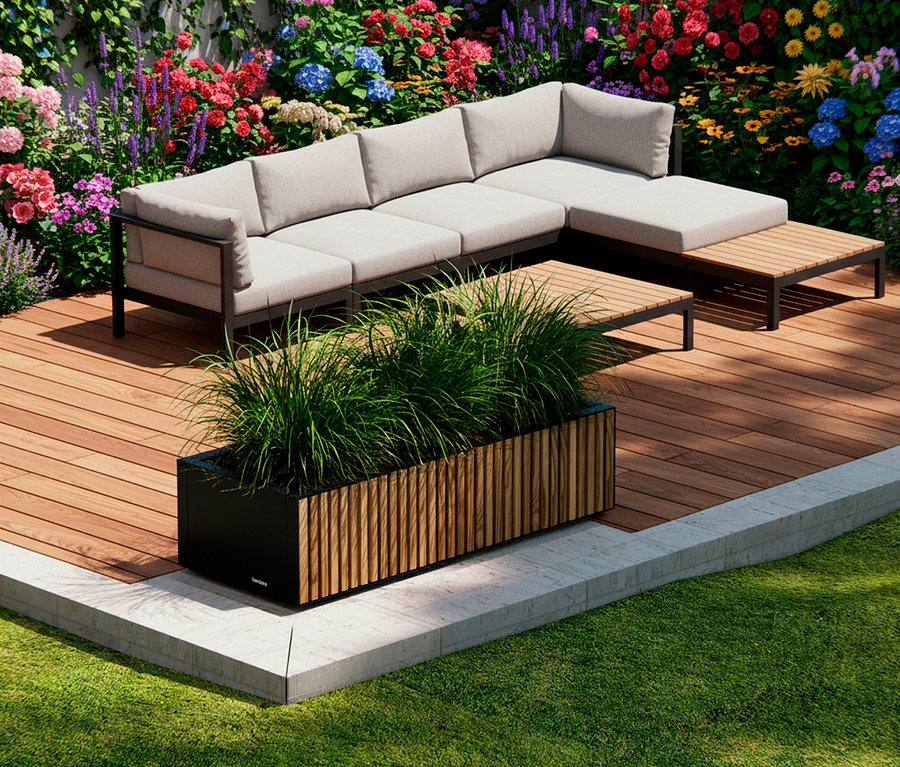 Ein graues Ecksofa mit Couchtisch steht auf einer Holzterrasse vor einem bunten Blumenbeet.