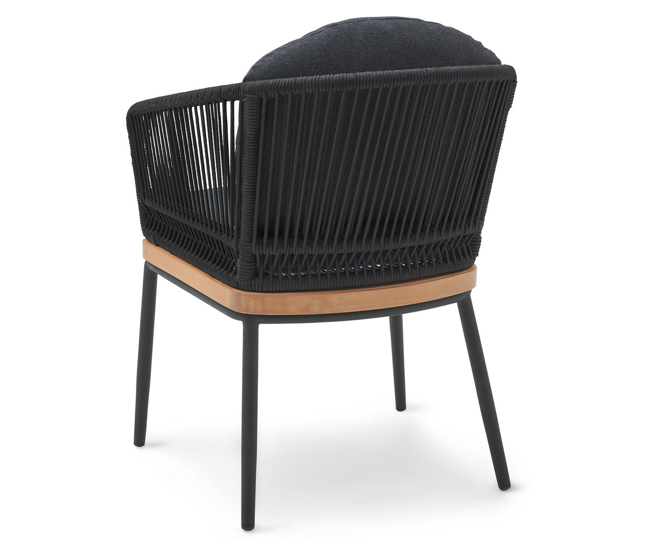 Gartenstuhl mit Textilgeflecht von hinten gesehen.