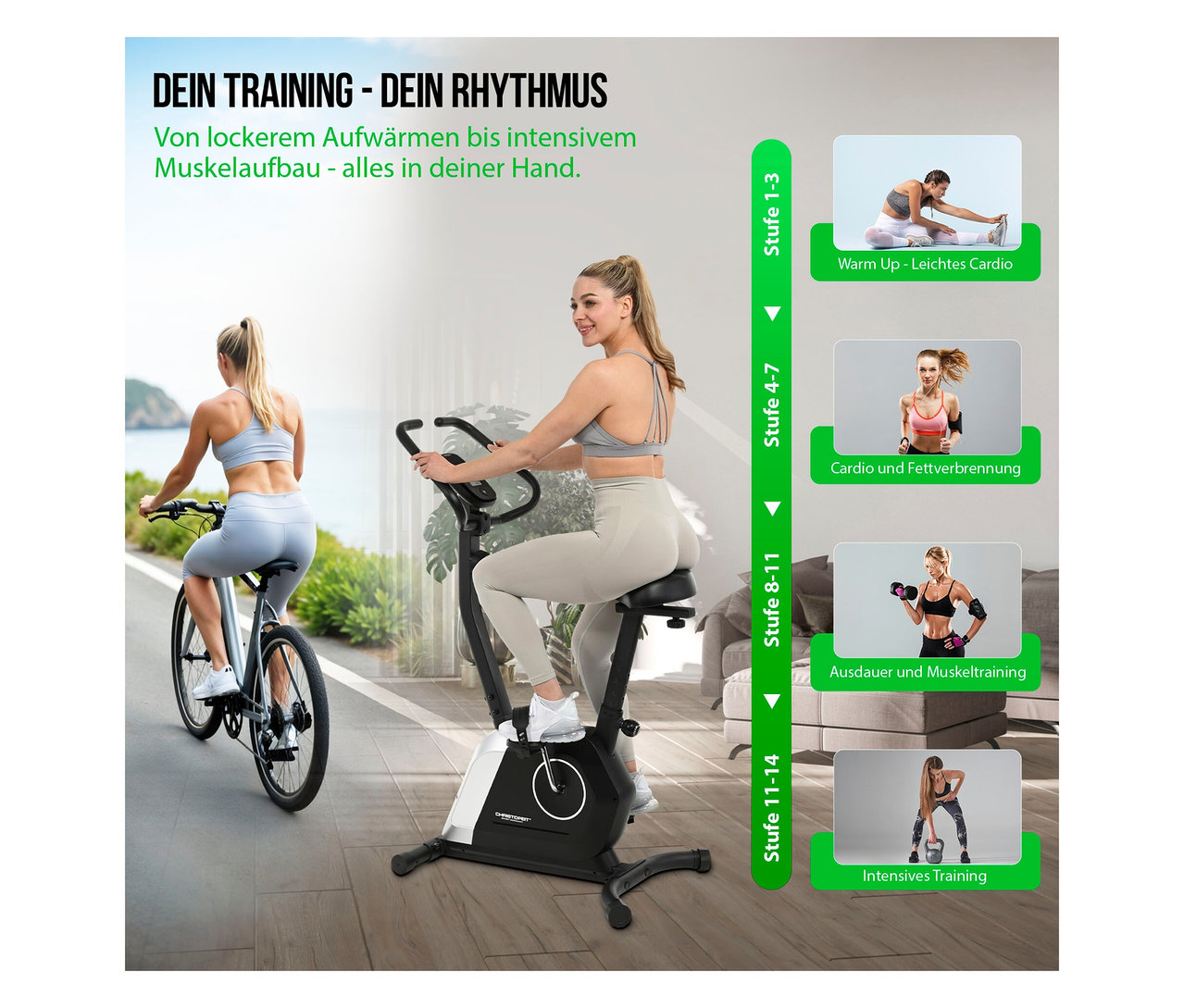 Frau trainiert auf Christopeit Heimtrainer »Active«, während eine andere Frau auf einem Fahrrad fährt. Auf der rechten Seite sind Trainingsstufen dargestellt.
